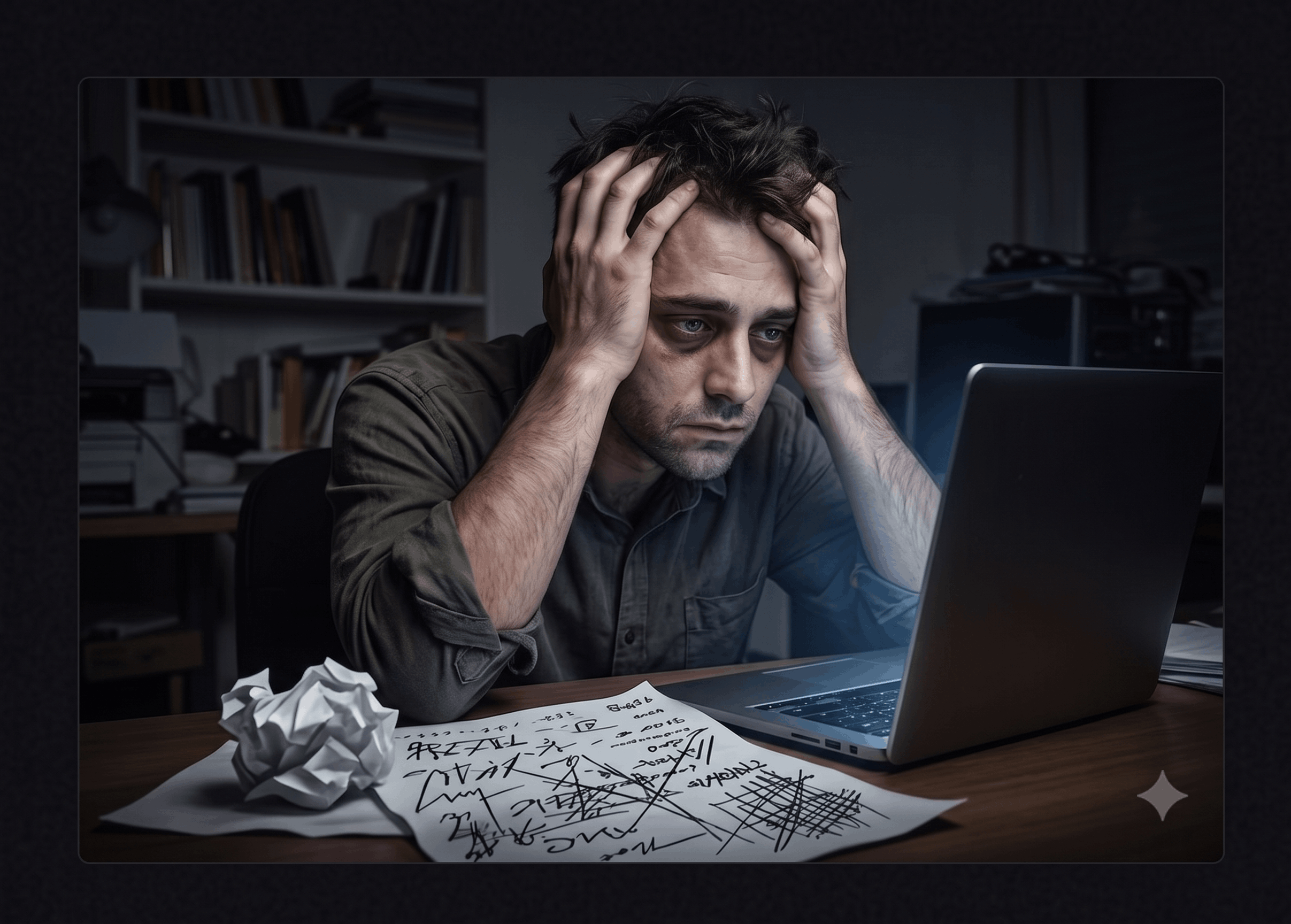 Homem exausto trabalhando na frente do notebook de madrugada