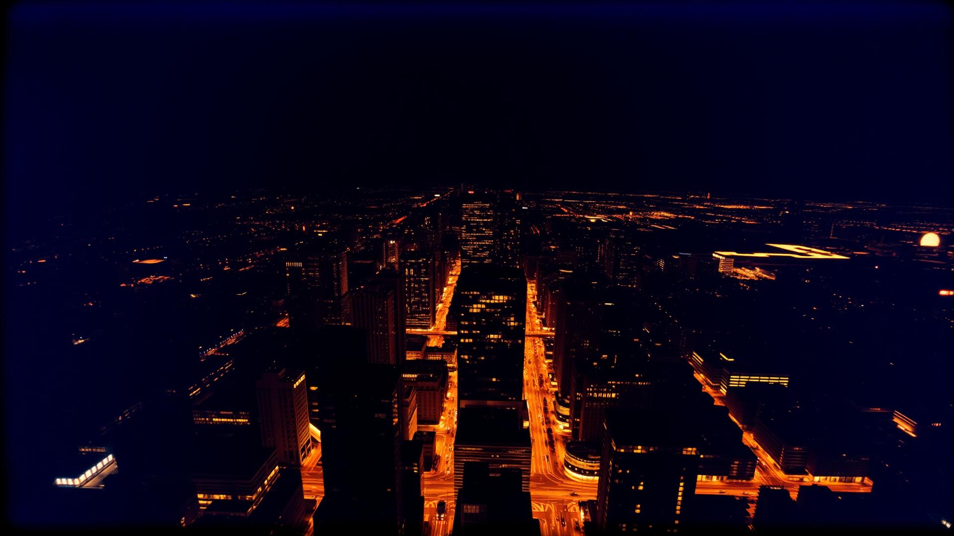 Cidade à noite vista de cima com luzes douradas